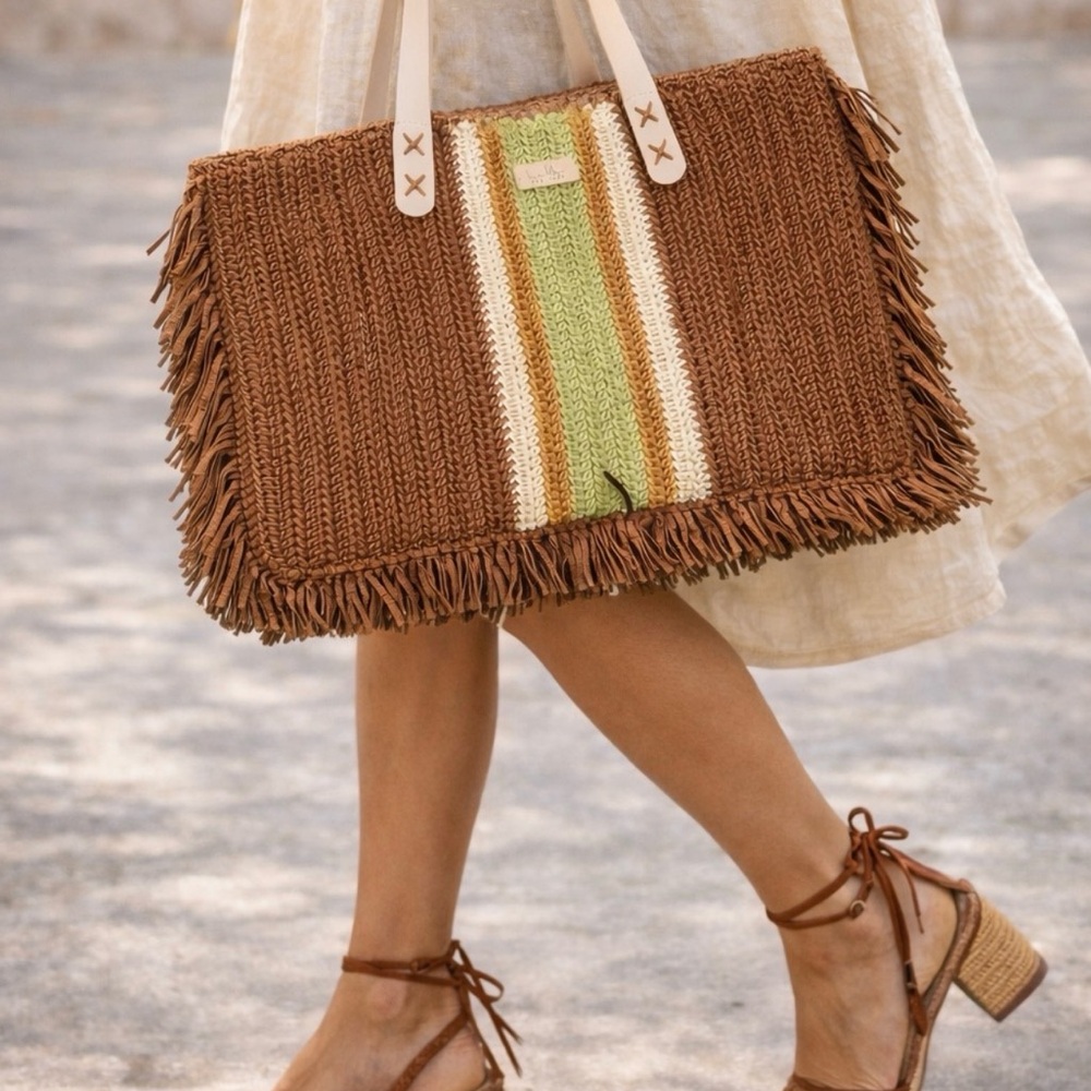 NWOT Nicole Miller Boho Brown and Green Tote Bag Oversized Straw Shoulder Bag - Picture 5 of 8